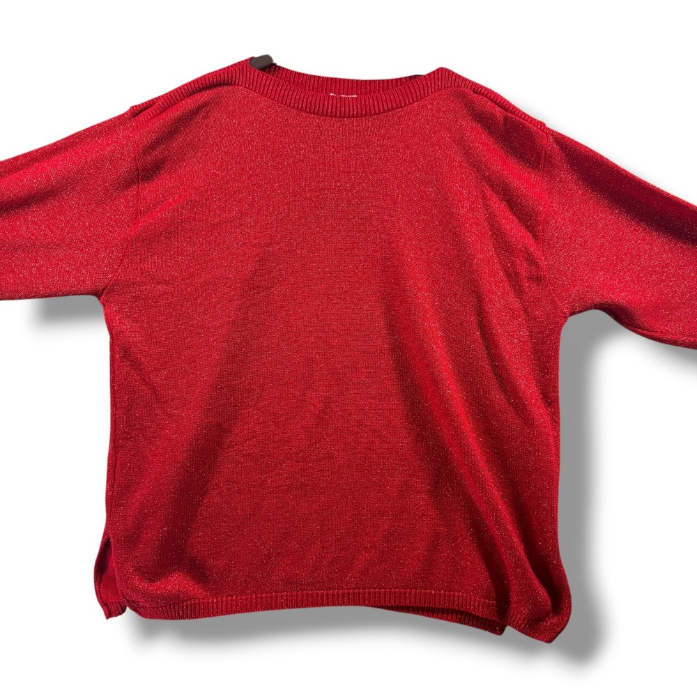 Bedford Fair Red Metallic Shimmer Knit Crewneck Sweater Oversized Holiday